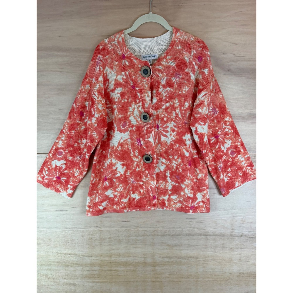 Coldwater Creek Womens Orange Pink Floral Cotton Knit Button Cardigan Sweater M